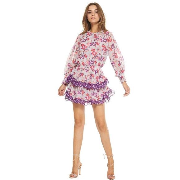 MISA Los Angeles Camila‎ Dress Purple Floral Smocked  Sleeve Mini Dress Sz Small - Picture 11 of 12